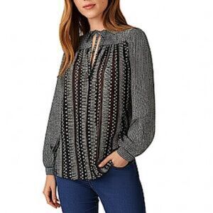 Sabina Musayev Black & White Geometric Print Long Sleeve Peasant Blouse Small